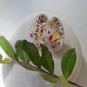 Può includere: Un paio di orecchini ovali con una base in resina trasparente e fiori secchi incorporati. I fiori sono gialli, viola e rossi.