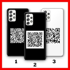 May include: Three black phone cases with different designs. The first case has a black background with a white QR code. The second case has a white background with a black QR code. The third case has a white background with a black QR code.