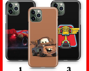 May include: Three different phone cases featuring characters from the Disney Pixar movie Cars. The first case features Lightning McQueen, the second case features Mater, and the third case features the Piston Cup trophy.