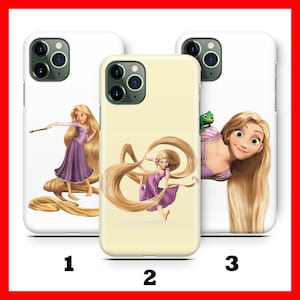 May include: Three different phone cases featuring Rapunzel from the Disney movie Tangled. The first case has a white background with Rapunzel holding a paintbrush and her long blonde hair flowing behind her. The second case has a yellow background with Rapunzel holding her hair and her hair flowing around her. The third case has a white background with Rapunzel and her hair flowing behind her, and a green chameleon on her shoulder.