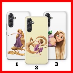 May include: Three phone cases featuring different images of Rapunzel from the Disney movie Tangled. The first case shows Rapunzel holding a paintbrush and her long hair flowing behind her. The second case shows Rapunzel holding her hair and twirling in the air. The third case shows Rapunzel with her hair flowing down her back and Pascal the chameleon sitting on her shoulder.