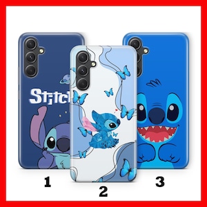 May include: Three phone cases featuring a blue cartoon character with the text "Stitch" on one case. The character is surrounded by butterflies and hearts on a white background on another case. The character is on a blue background with a large mouth on the third case.