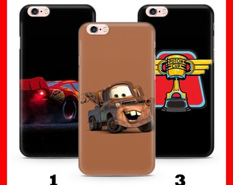 May include: Three different phone cases featuring characters from the Disney Pixar movie Cars. The first case features Lightning McQueen, the second case features Mater, and the third case features the Piston Cup trophy.