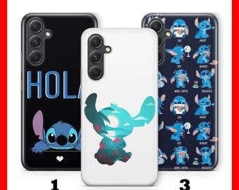 May include: Three different phone cases featuring Stitch from Lilo & Stitch. The first case is black with a blue Stitch peeking out from the bottom. The second case is white with a blue Stitch silhouette against a sunset background. The third case is blue with a pattern of Stitch in different poses and expressions.