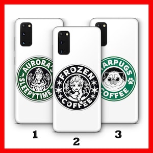 May include: Three white phone cases with different designs. The first case features a green and black logo with the text "Aurora's Sleepytime Coffee". The second case features a green and black logo with the text "Frozen Coffee". The third case features a green and black logo with the text "Star Pugs Coffee".