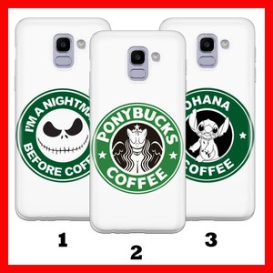 May include: Three white phone cases with green and black logos. The first case has a green circle with the text "I'm a nightmare before coffee" and a black and white illustration of Jack Skellington. The second case has a green circle with the text "Ponybucks Coffee" and a black and white illustration of a unicorn. The third case has a green circle with the text "Ohana Coffee" and a black and white illustration of Stitch.