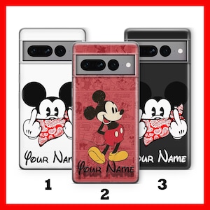 Custodia per telefono PERSONALIZZATA di Topolino per Google Pixel 6, 6A, 7, 7A, 8, 8A, 9, 9A Pro XL, con il tuo nome e testo personalizzato.