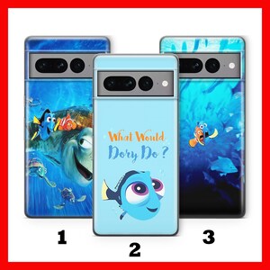May include: Three phone cases featuring characters from the animated film Finding Dory. The first case shows Dory and Marlin swimming with a turtle. The second case features Dory with the text "What Would Dory Do?" The third case shows Dory and Marlin swimming in a school of fish.