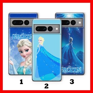May include: Three phone cases featuring Frozen characters. The first case has a blue background with a picture of Elsa and the text "Frozen". The second case has a blue background with a picture of Elsa in her blue dress. The third case has a blue background with a picture of Elsa in her blue dress and the text "Frozen".