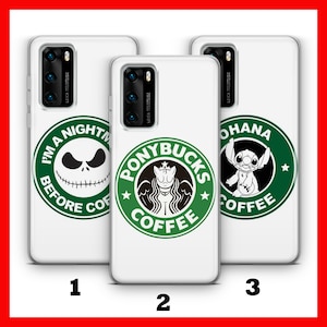May include: Three phone cases with different designs. The first case features a green and white coffee cup design with the text "I'm a Nightmare Before Coffee". The second case features a green and white coffee cup design with the text "Ponybucks Coffee". The third case features a green and white coffee cup design with the text "Ohana Coffee".