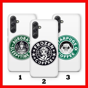 May include: Three white phone cases with green and black logos. The logos are parodies of the Starbucks logo. The first case features Aurora from Sleeping Beauty, the second case features Elsa from Frozen, and the third case features a pug.