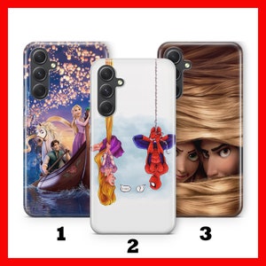 May include: Three different phone cases with various designs. The first case features a scene from the movie Tangled with Rapunzel and Flynn Rider in a boat. The second case has a cartoon image of Spiderman hanging upside down from a chain. The third case has a close-up of a woman's long brown hair.