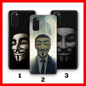May include: Three black phone cases with different designs. One case features a Guy Fawkes mask on a black background. Another case shows the mask over a person in a suit. The third case has a mask made of text.