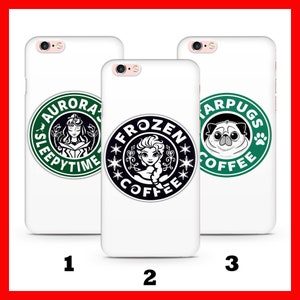 May include: Three white iPhone cases with different designs. The first case has a green and black logo with the text "Aurora's Sleepytime Coffee". The second case has a green and black logo with the text "Frozen Coffee". The third case has a green and black logo with the text "Star Pugs Coffee".