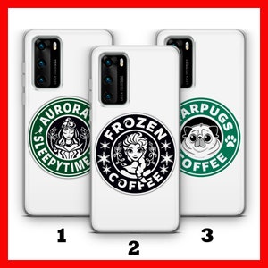 May include: Three clear phone cases with different designs. The first case has a green and black coffee cup design with the text "Aurora Sleepytime". The second case has a green and black coffee cup design with the text "Frozen Coffee". The third case has a green and black coffee cup design with the text "Pugs Coffee".