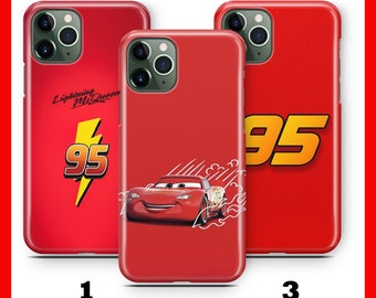 May include: Three red iPhone cases with different designs featuring the character Lightning McQueen from the Disney Pixar movie Cars. The first case has the text "Lightning McQueen" and the number "95" with a lightning bolt. The second case has a cartoon image of Lightning McQueen driving. The third case has the number "95" in yellow.