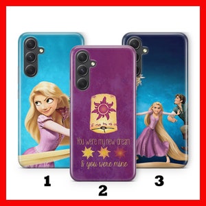 May include: Three phone cases featuring characters from the Disney movie Tangled. The first case is blue with Rapunzel, the second is purple with a lantern and the text "You were my new dream & you were mine", and the third is blue with Rapunzel and Flynn Rider.