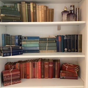 5 Vintage and Antique Hardback Books for Decor by Colour. Mostly Cloth Covered For Interest or Decor. Blue, Green, Red, Neutral. Bookstacks