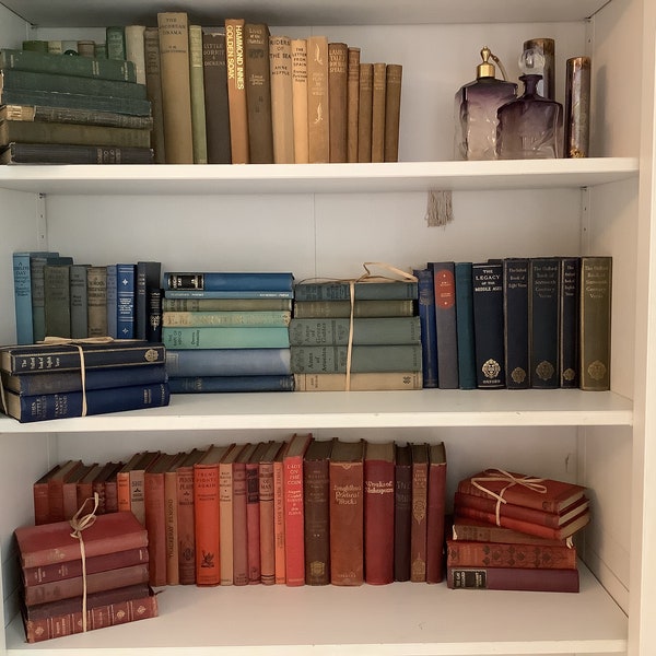 3 Vintage and Antique Hardback Books for Decor by Colour. Mostly Cloth Covered For Interest or Decor.  Blue, Green, Red, Neutral. Bookstacks