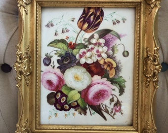 Stunning Hand Painted English 19th Century Porcelain Panel in an Ornate Gilt Frame. Antique floral ceramic plaque by Coalport. 21cm x 16.5cm