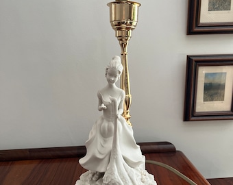 A Beautiful Vintage Cesare Villari Signed CapoDiMonte Biscuit Porcelain Table Lamp with Gold Detail. Girl with Goose. Working Table Lamp