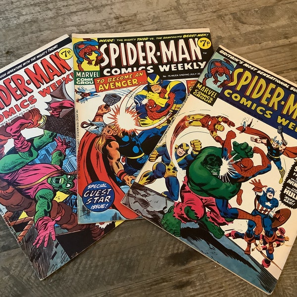 3x Spider-man Comics Weekly No.s 74, 75, 76. All 1974. Great condition, no graffiti or writing. 1970s Marvel Comics Group. Black Widow +