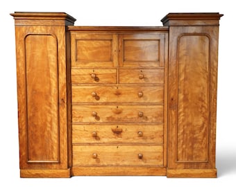 Victorian Figured Satin Birch Triple Wardrobe. Reverse Breakfront. Linen Press. Antique Knockdown Wardrobe c.1880