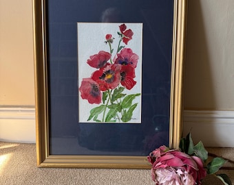木製フレームのヴィンテージ額入り絵画 花束 壁掛け花の絵 コレクター
