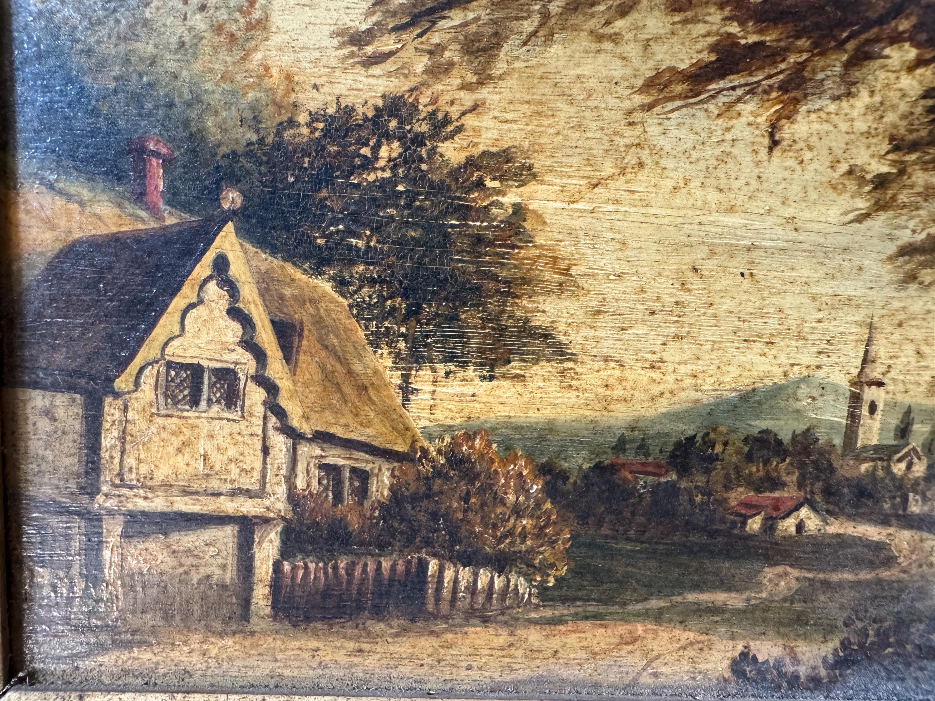 アンティークのイギリスのコテージ絵画：金箔フレーム入りの田園風景