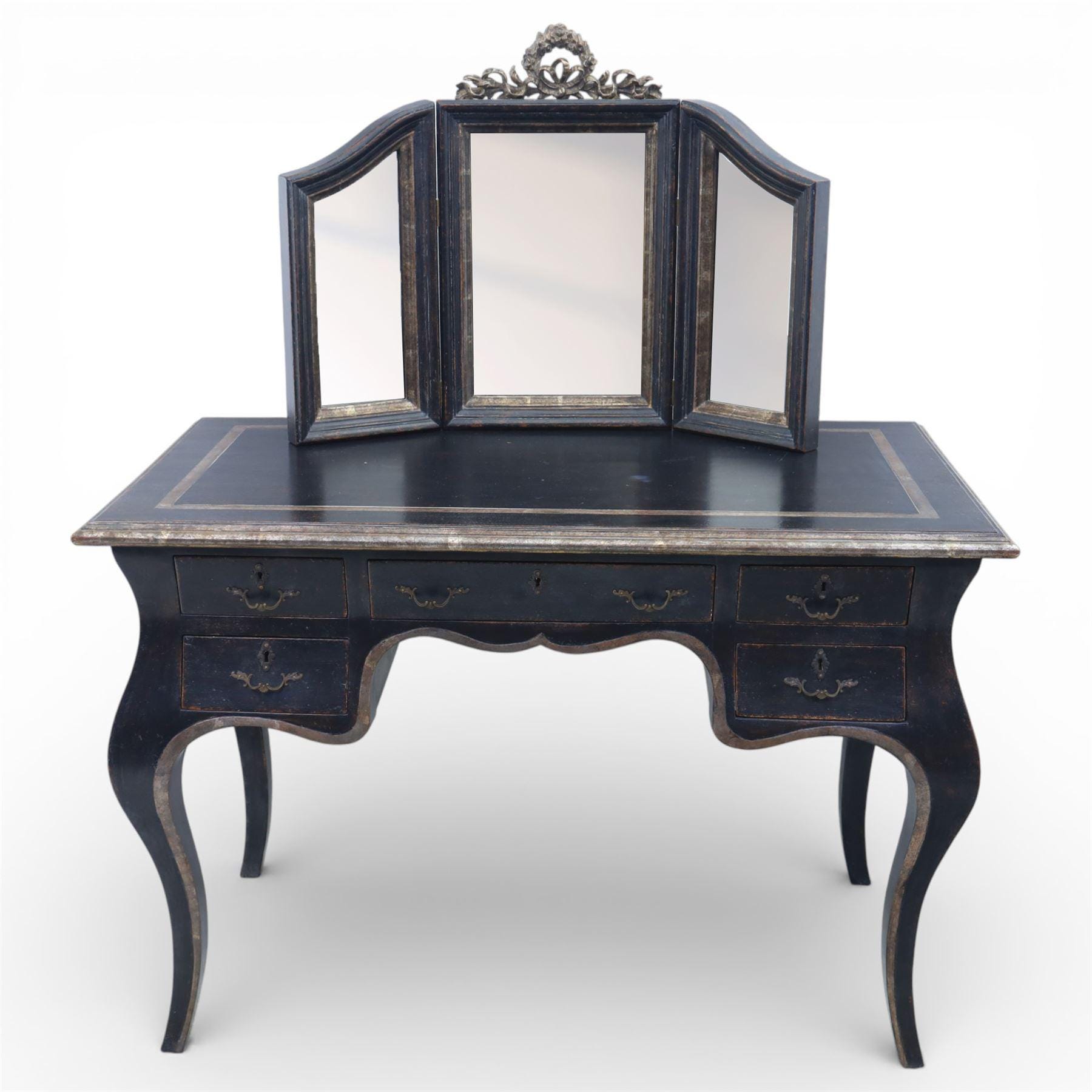 black antique dressing table Antique Makeup Vanity / Dressing Table Black Brass Trifold Mirror Art Deco 1920s