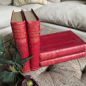 4x Charles Dickens Novels. Vintage Red & Gilt Antiquarian Books. The Centenary Edition 1910. Lovely for Dickens lovers or decor.