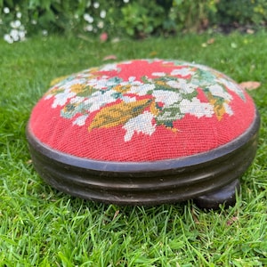 Victorian Floral Needlepoint Footstool: Antique Cottagecore Decor