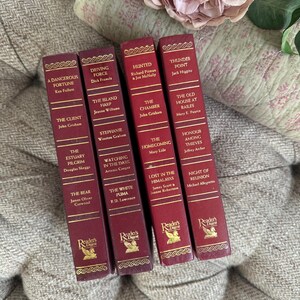 Könnte beinhalten: Eine Sammlung von zehn Taschenbüchern mit roten Einbänden und goldenen Schriftzügen. Die Bücher sind vertikal in einer Reihe angeordnet. Die Titel der Bücher lauten: "A Dangerous Fortune", "Driving Force", "Hunted", "Thunder Point", "The Client", "The Island Harp", "The Chamber", "The Homecoming", "The Estuary Pilgrim", "Watching in the Dark", "The White Puma", "Lost in the Himalayas", "The Bear", "Honour Among Thieves" und "Night of Reunion".