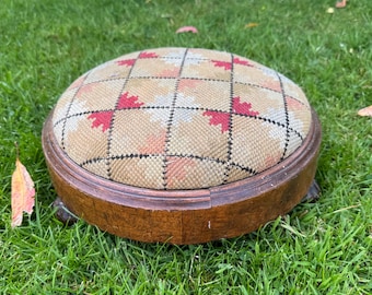Pretty Round Victorian Footstool. Needlework, Wooden Frame and Cute Ceramic Feet. Antique Furniture. Vintage CottageCore. 1800s