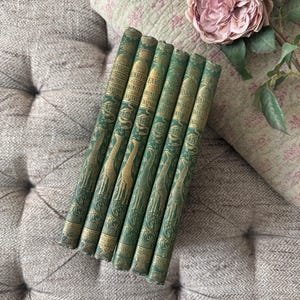 Pode incluir: Um conjunto de seis livros antigos de capa dura verde com letras douradas e ilustrações de girafas. Os livros são intitulados "The Earth and Its Animal Nature".