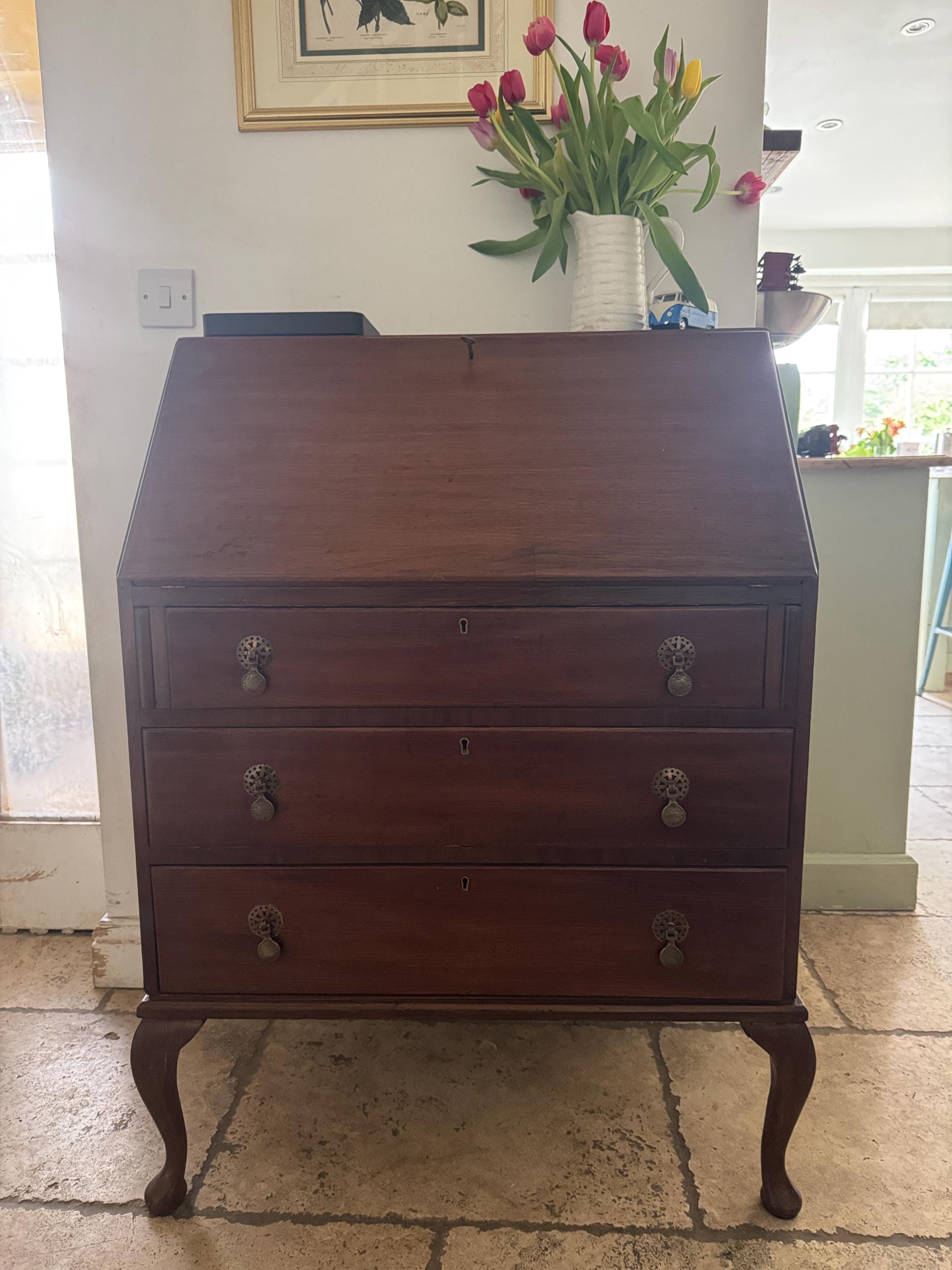 Early 20th Century Edwardian Mahogany Drop-Front Bureau with 3 Drawers, Original Fitted Interior & Brass Droplet Handles. Antique Desk