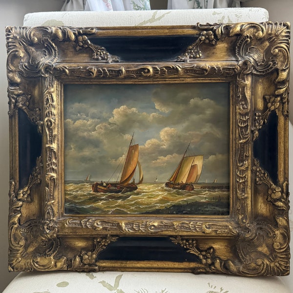 Antique Oil Painting on Board in an Ornate Gilt Wooden Frame. Unsigned Early 20th Century Continental School. Sailing Boats. Great Condition