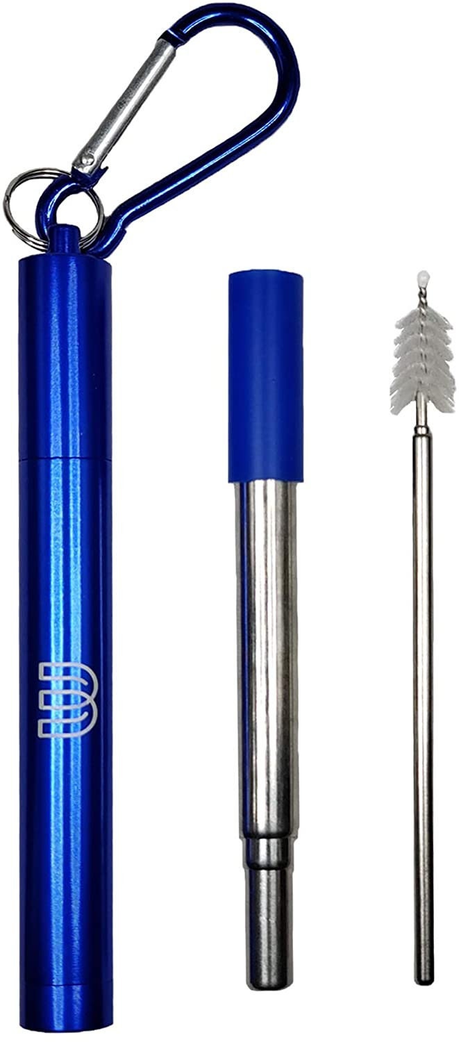 (2 Pack) Folding Drinking Straw Stainless Steel Collapsible Reusable Stainless Straw Drinking Straws Portable with Hard Case (Black & Blue)