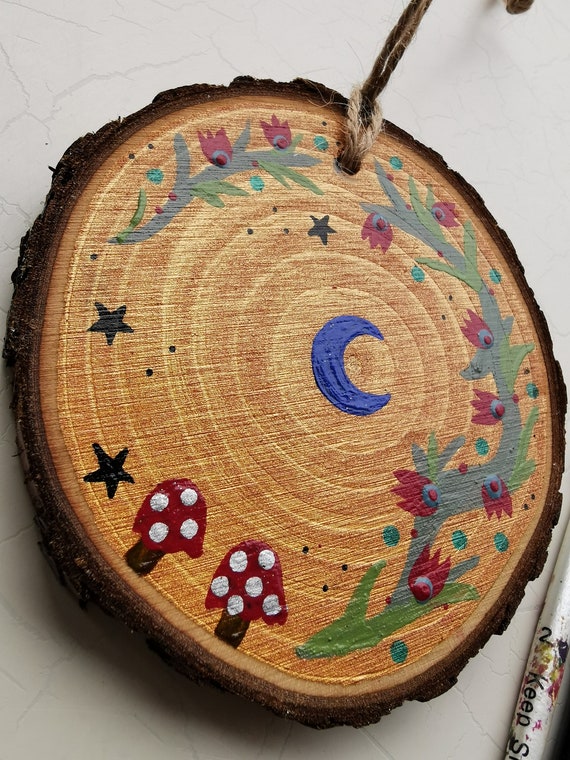 Fairy Moon Wooden Hanging Decoration | Toadstool, Cottagecore, Magickal | Gold Home Decor