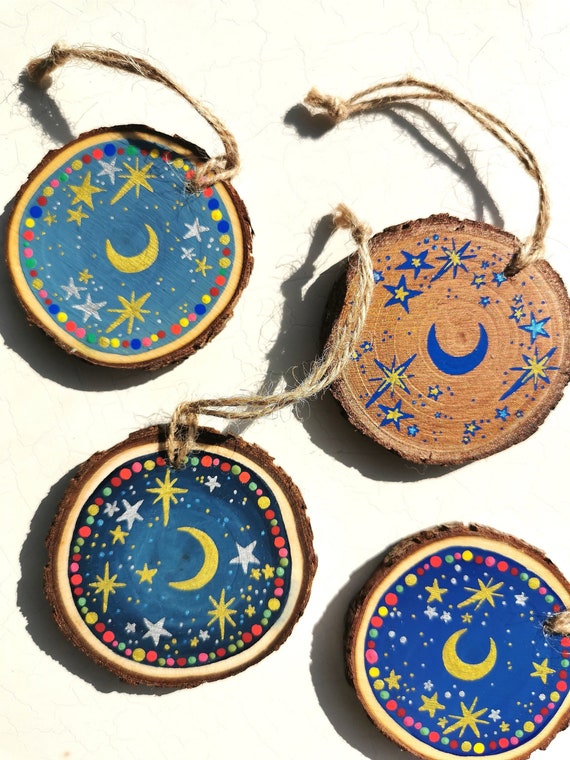 Celestial Moon Mini Wooden Hanging Decorations | Miniature Wood Slice Art | Witchy Home Décor