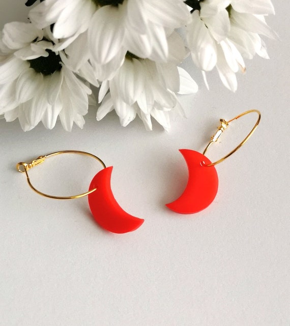 Bright Red Crescent Moon Gold or Silver Hoop Earrings | Valentine’s Galentines Earrings | Polymer Clay Hoops | Moon Jewellery | Valentines