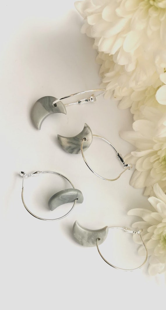 Silver Marbled Crescent Moon Earring Hoops with Stainless Steel Hoop Fastening | Cosmic Polymer Clay Earring | Moon Phase Lunar Jewellery