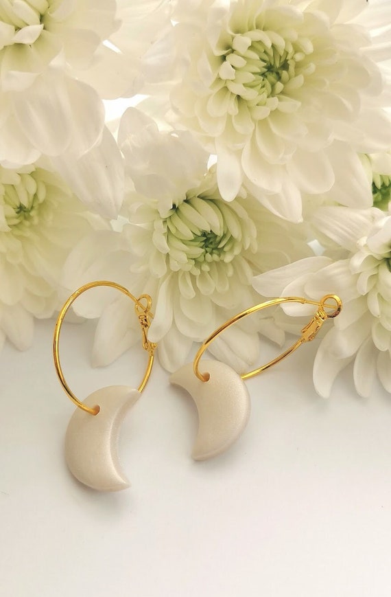Pearl Crescent Moon Hoop Earrings | Polymer Clay Hoops | Moon Phase Cosmic Jewellery | Pearlescent Effect White Cream Clay