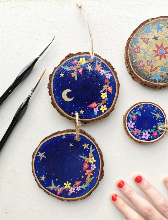 Midnight Sky Double Wooden Hanging Decoration | Wood Slice Art Ornament | Hippy Home Decor
