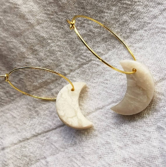 Crescent Moon Hoop Earrings | Polymer Clay Hoops | Moon Phase Jewellery