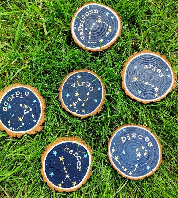 Zodiac Wooden Hanging Decoration | Star Sign Wood Slice Ornament | Constellation Art