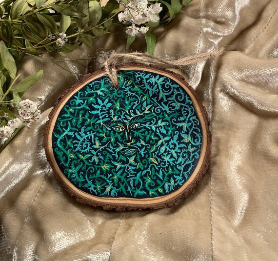 Green Man Wooden Hanging Decoration | Wood Slice Wicca Art Ornament | Spring Home Décor