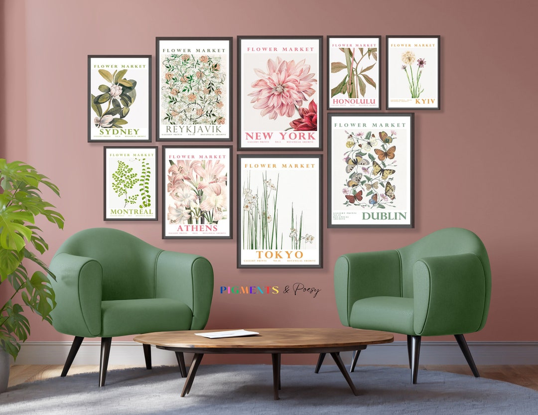 Flower Market Prints Set of 9, Botanical Wall Art Prints, Floral Wall ...