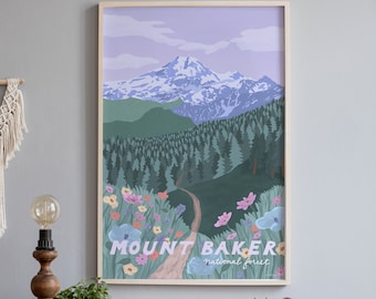 Mount Baker National Forest Poster, Washington, Mount Rainer National Park, PNW Pacific Northwest Kunst aan de muur, Vintage stijl reizen art print