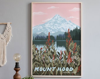 Mount Hood Print, Mt Hood, Portland Oregon Travel Poster, Mount Hood Wall Art. Mount Hood National Forest